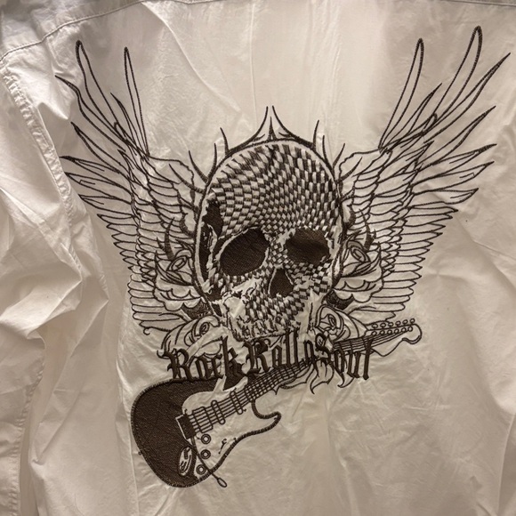 White Casual Button Down Shirt with Blue Accents - Picture 3 of 4